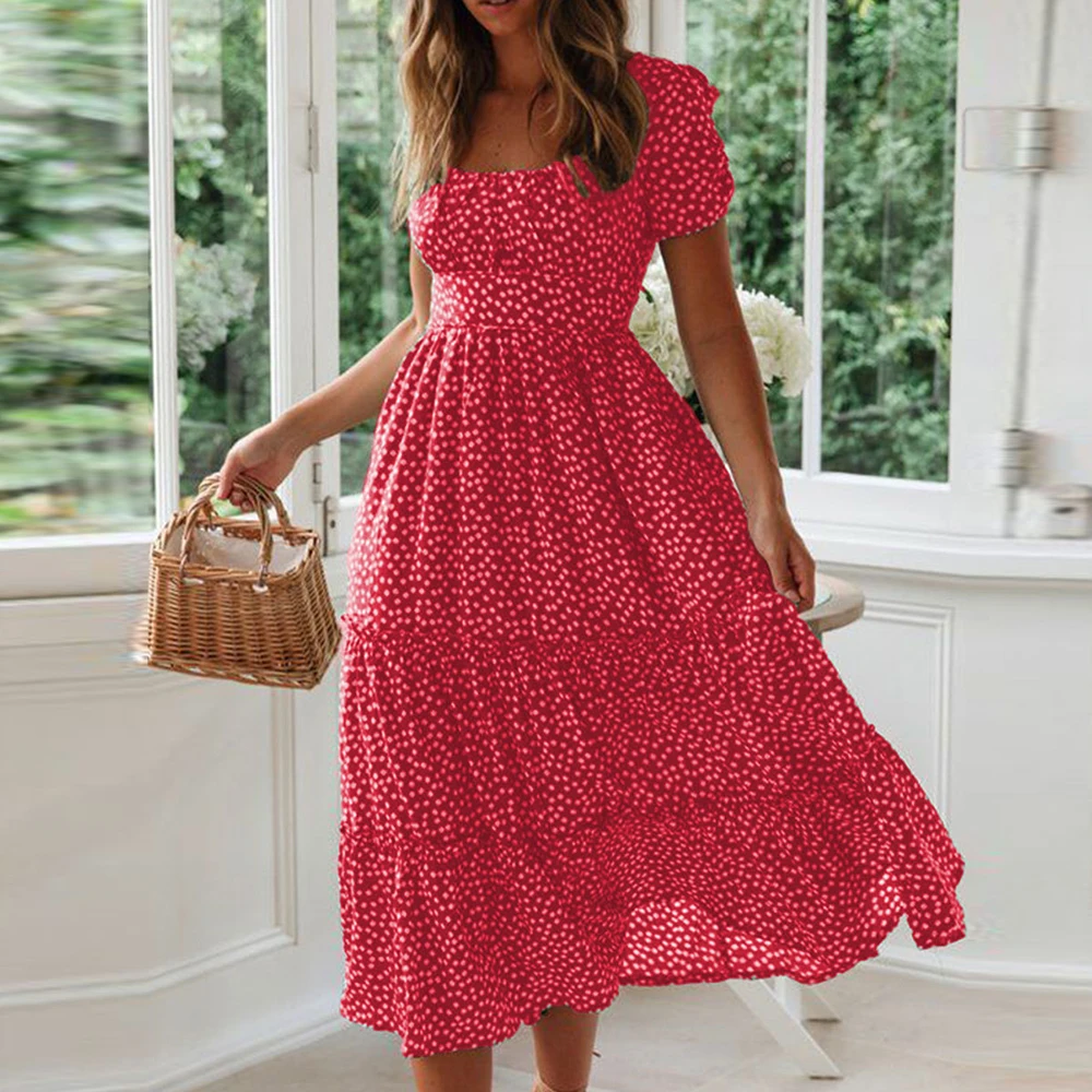 2020 Women Summer Dress Women Casual Bohemian Short Sleeve Square Neck Wrap Boho Maxi Dress Female Vestidos Plus Size Robe