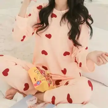 

Women's Heart Pattern Alphabet Pajamas Set Autumn and Winter Sleeves Thin Cartoon Print Cute Loose Pajamas