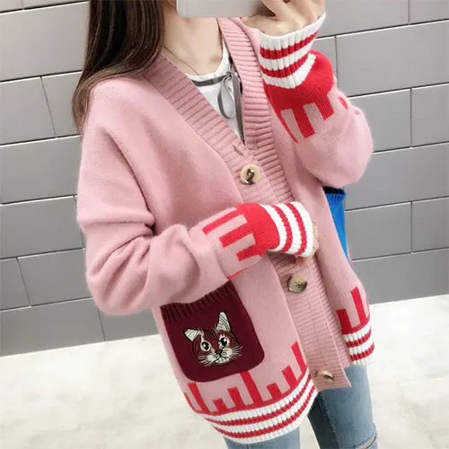 PEONFLY Kawaii вышивка мультяшного кота Свободная трикотажная куртка Женский кардиган осень зима длинный рукав женский свитер-кардиган - Цвет: Pink