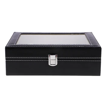 

PU Leather Watch Display Case with Glass Top Watch Storage Box 25x8x20cm