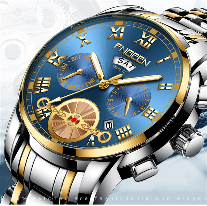 

FNGEEN Top Brand Blue Fashion Men's Watch Unique Dial Quartz Watch Stainless Steel Calendar Waterproof Sports Watch Relogio