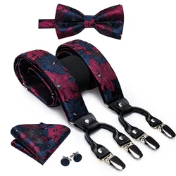 Hi-Tie Silk Adult Men's Suspender for Trouser 6 Strap Leather Suspender for Men Braces Vintage Floral Wedding Suspender & Bowtie