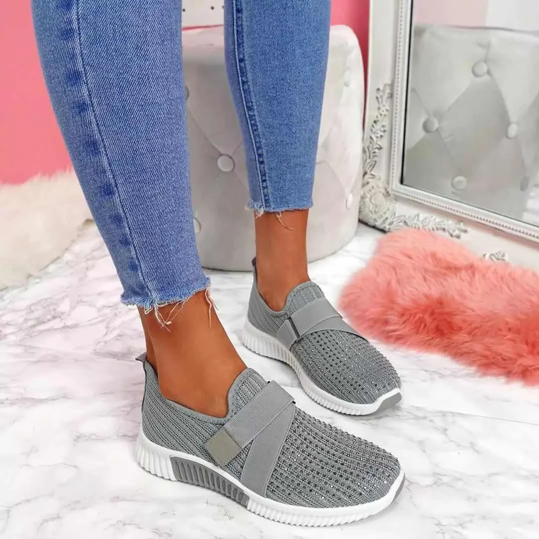 Fashion Women's Shoes Flat Soft Bottom Mesh Breathable Casual Sneakers Rhinestone Single Shoes Large Size Women Sports Shoes