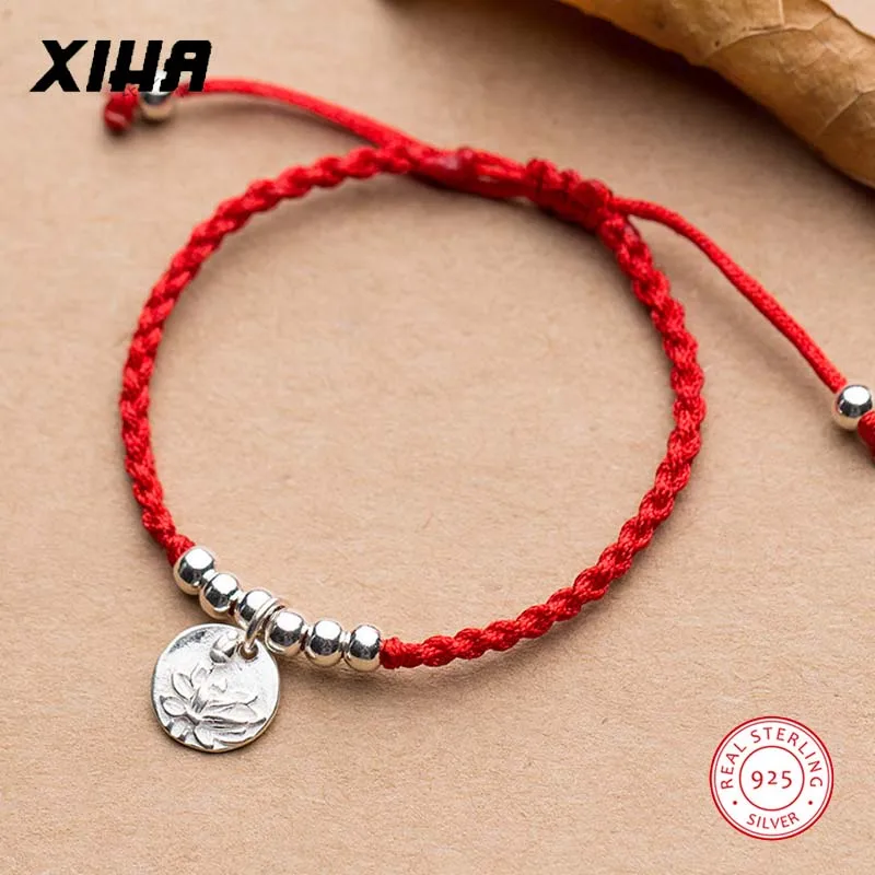 Счастливый Регулируемый браслет с красной нитью, с бусинами и шармом, диск, цветок, 925 пробы, серебряная плетеная веревка, детские браслеты для девочек