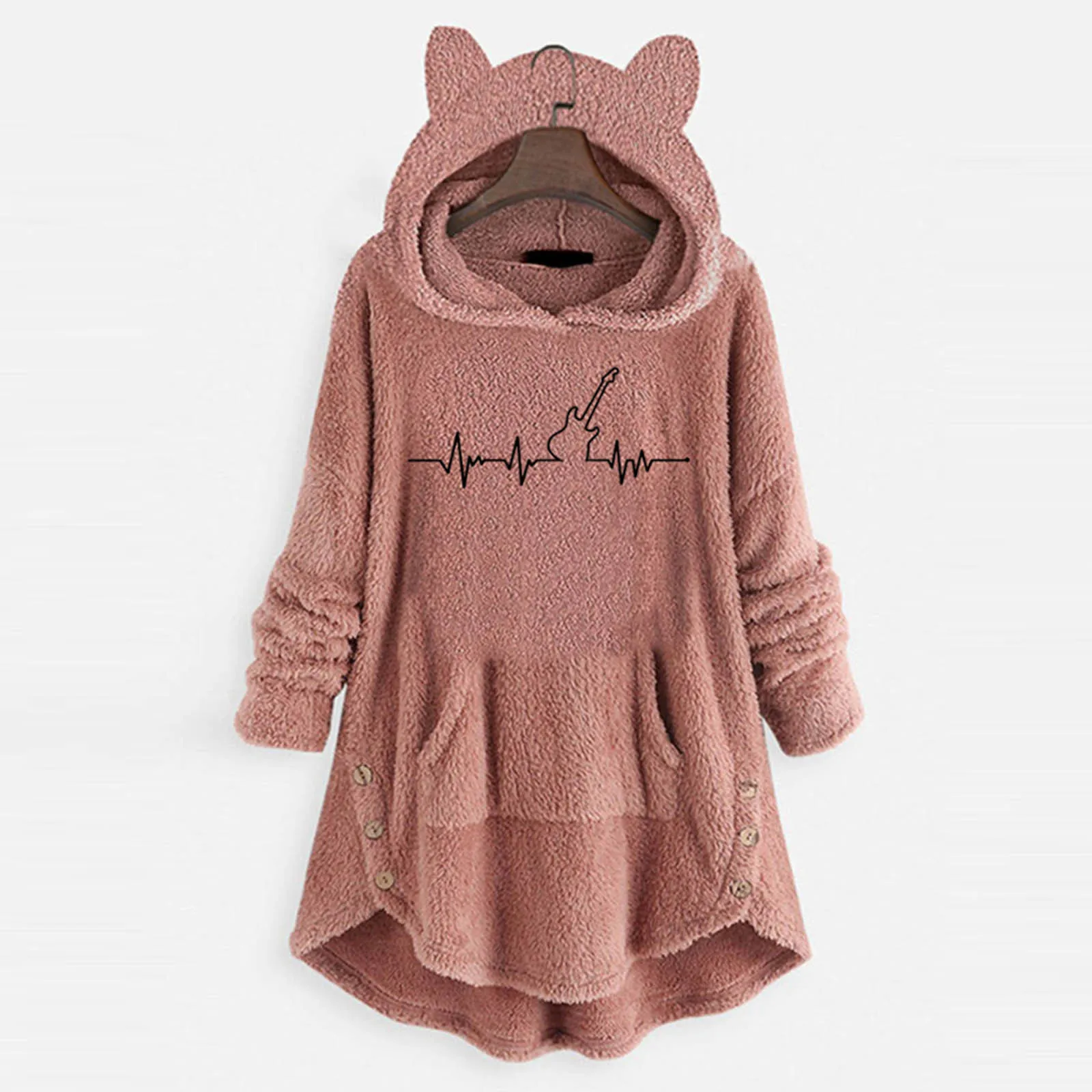 Fashion Plush Hoodies Sweatshirts Women Jackets Button Coat Top Hooded Pullover Loose Plus Size Warm Thick Windbreaker Outerwear 1