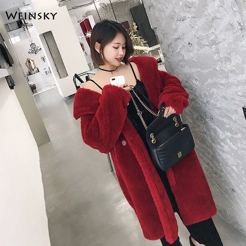 Повседневное стильное зимнее женское пальто из искусственного меха, толстое длинное пальто с мишкой Тедди, модное женское розовое пальто - Цвет: Красный