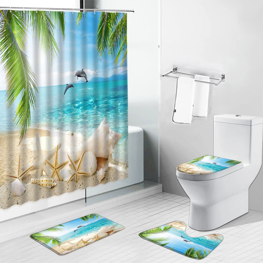 Sea Turtles Bathroom Polyester Shower Curtain Non Slip Toilet Cover Rugs Mat Set 