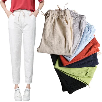 

Women Cotton And Linen Trousers Summer Pencil Pants Loose Women Harem Elastic Waist Mid Waist Drawstring Casual Pants
