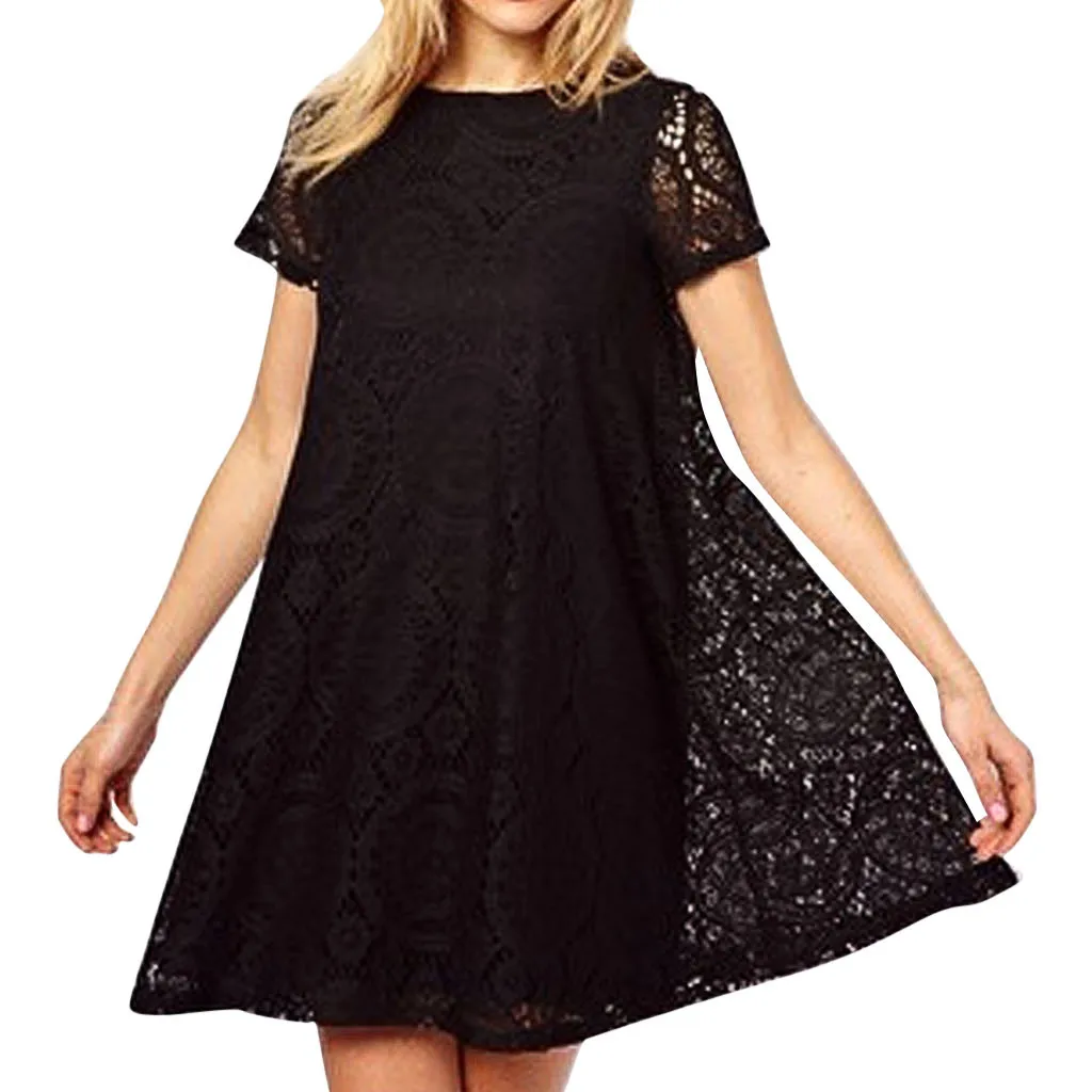 

Women Plus Size Dress Casual Lace Solid Color Summer Bohemia Ladies Dress Mini Black Short Sleeve Loose Beach Dresses #H