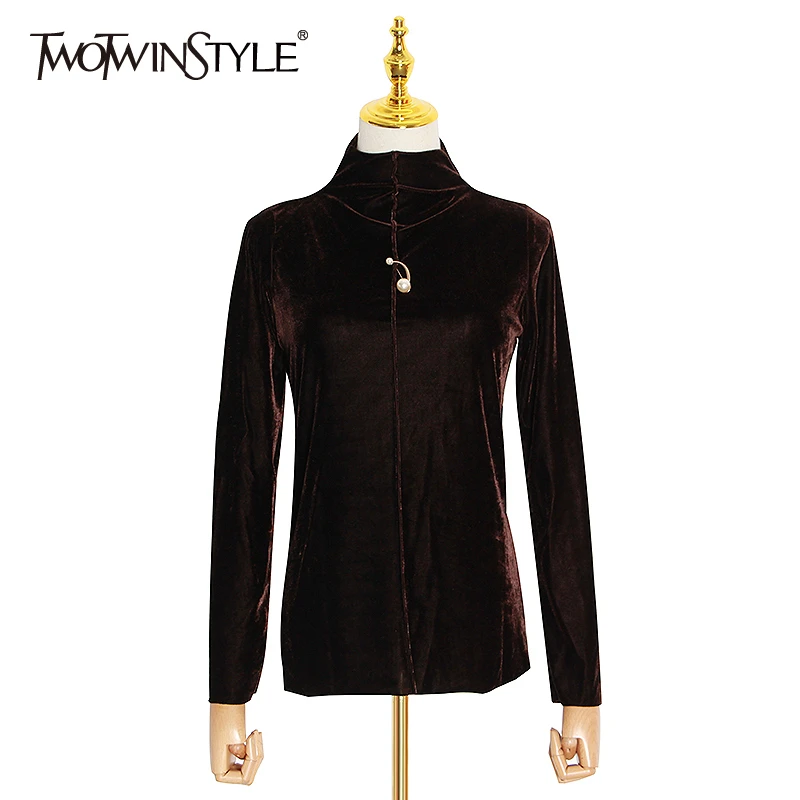 

TWOTWINSTYLE Patchwork Pin T Shirts For Women Turtleneck Long Sleeve Slim Shirt Female 2020 Spring New Fashion Clothing
