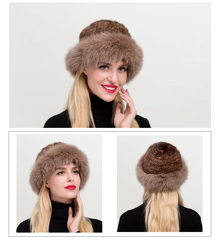 ZDFURS* Real Mink Fur Hat Caps Russian Winter With Fox Fur Trim for Female Women Hat Knitted Natural Mink Fur Beanie Hats New