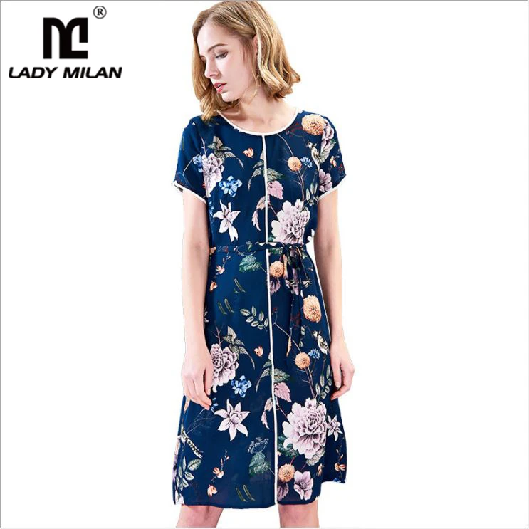 

2019 Women's 100% Silk Runway Dresses O Neck Short Sleeves Floral Printed Lace Up Casual Summer Dresses