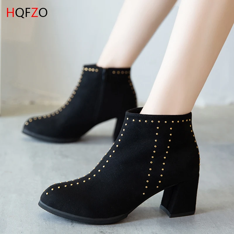 

HQFZO Flashion Suede Ankle Boots Chunky Heels Botas Rivet Botines 2019 Thick Bottom Shoes Women Zip Bottes Femme