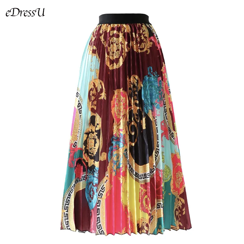 EDressU-Falda larga plisada con estampado Vintage, falda de cintura alta, elástica, elegante, de alta calidad, por debajo de la LS-025, 2021