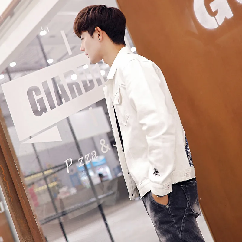 

2018 Autumn White Jeans Coat Men Korean-style Trend Denim Suit Men's Embroidered Two-Piece Set Youth Handsome