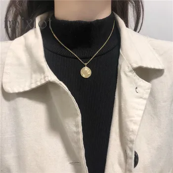 

Simple Vintage Carved Coin Portrait Pendant Choker Necklace Face Goddess Virgin Long Chain Necklace Women Christian Gift