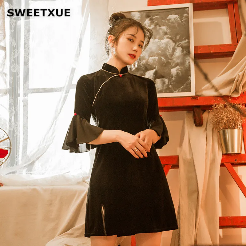 SWEETXUE, черное, Золотое бархатное Новое улучшенное платье Cheongsam, осеннее платье, для молодых девушек, с расклешенными рукавами, Мини, современные элегантные платья