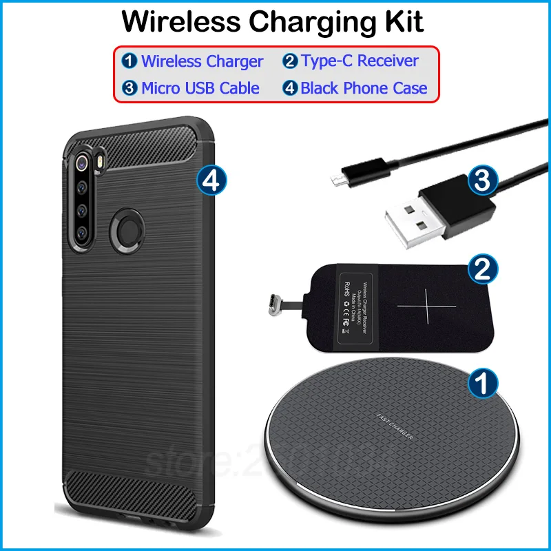 Беспроводная зарядка для Xiaomi Redmi Note 8 Qi Беспроводное зарядное устройство+ usb type C адаптер приемника+ Мягкий ТПУ чехол для Redmi Note 8 - Цвет: Wireless Charger Kit