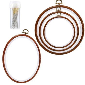 

Nonvor 4 Pack Embroidery Hoop Ring Wood Display Frame Circle and Oval Embroidery Kits with 30pcs Large Eye Embroidery Needles