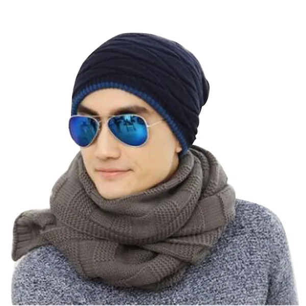 Navy Blue A Корейская версия, мужская вязаная шапка бини, толстая,, осень, зима, модная, теплая, уличная, негабаритная, эластичная, с плюшевой подкладкой, шапки, шапка s - Цвет: Navy Blue A