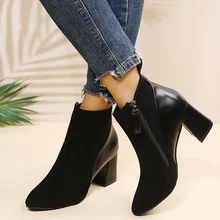 

Women Boots Retro Square Heels Ankle Boots 2021 Autumn Winter Zipper Rome Shoes Woman Black Brown PU Leather Boots Botas Mujer