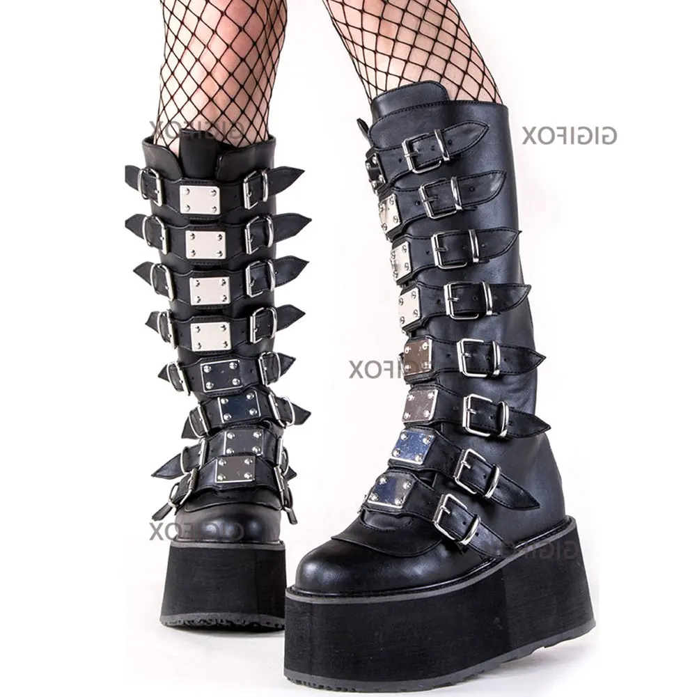 Brand Design Big Size 43 Black Gothic Style Cool Punk Motorcycles Boots Female Platform Wedges High Heels Calf Boots Women Shoes 