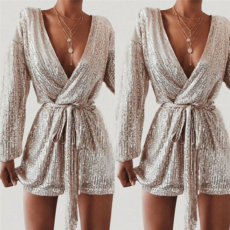 Elegant Party Rompers Female Sexy V-neck Sequins Overalls Casual Long Sleeve Club Short Jumpsuit Women Sexy Mini Playsuit