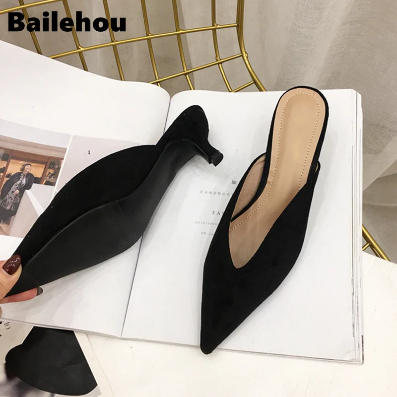 Bailehou Новые повседневные Летние флоковые кожаные острый носок Для женщин Тапочки низкий каблук слипоны Шлёпанцы снаружи; женские шлепанцы без задника с открытыми пальцами Тапочки женские туфли-лодочки
