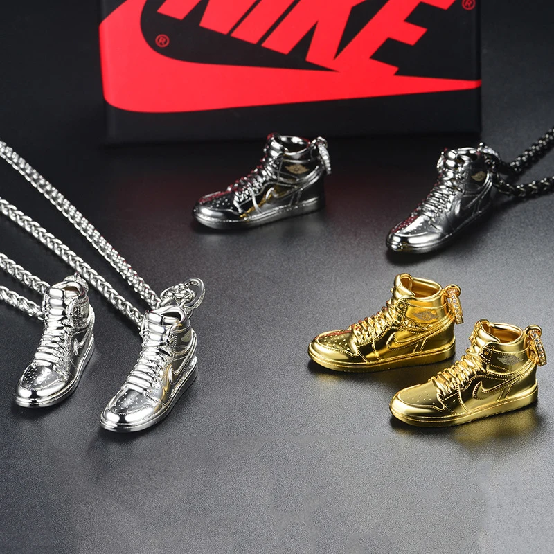 

925 Sterling Silver Gold Black AJ Air Shoe Jordan Mini Sneaker Model Pendant Hip Hop Long Chain Necklace Fashion Jewelry