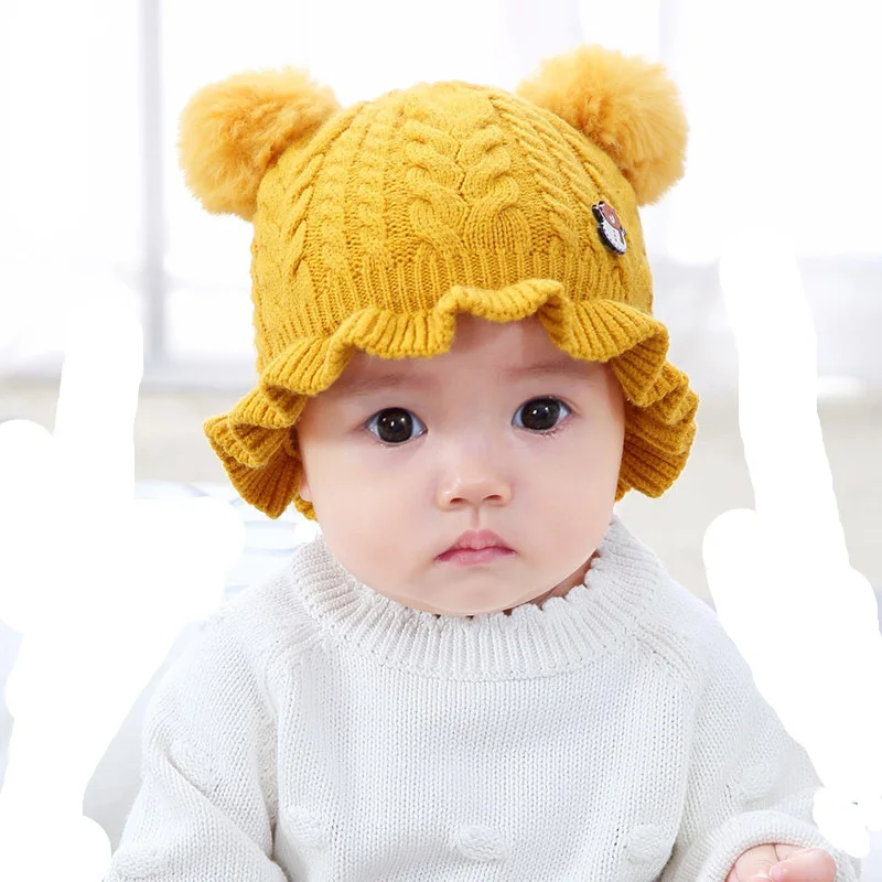 

CYSINCOS Baby Boys Girls Cotton Double Wool Caps One Size New Children's Knit Hat Core Wire Jacquard Cartoon Dome Hair Ball