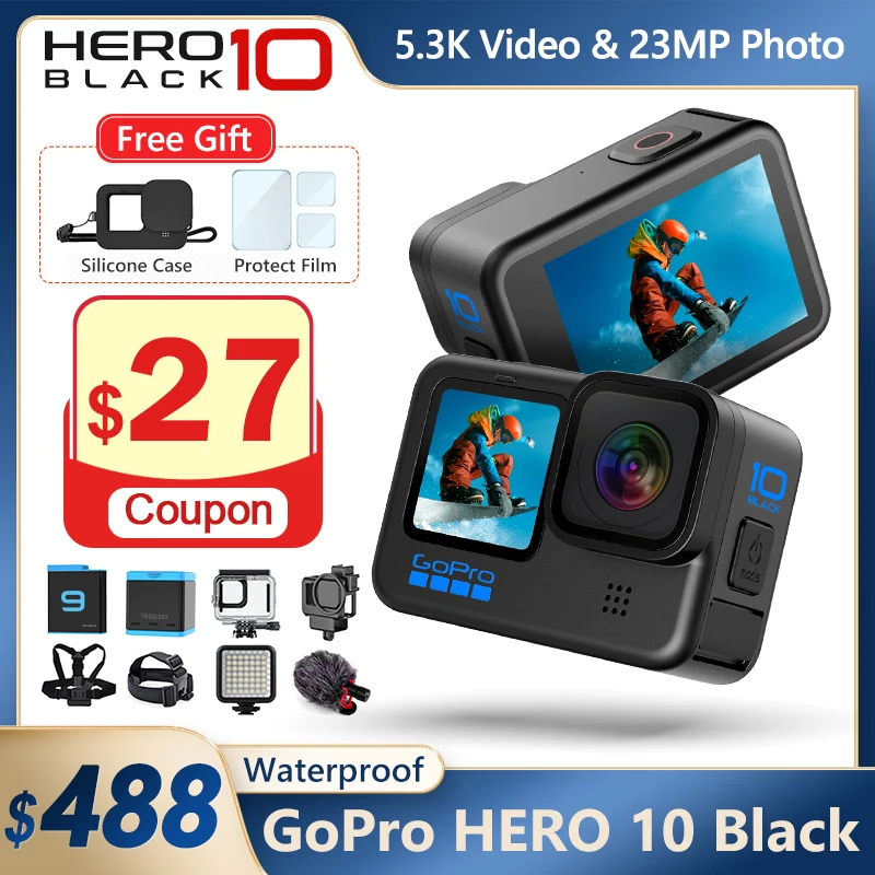 GoPro HERO 10 Black Action Camera 5.3K 60FPS 4K 120FPS Video Sports Cameras 23MP 10M Waterproof Photos Live Streaming Go Pro | Электроника