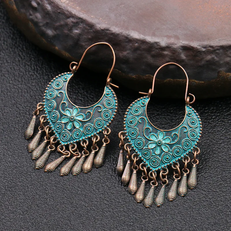 

Ethnic Tribal Heart Tassel Hippy Verdigris Patina Green Hoop Earring Antique Copper Bohemian Statement Women Jewelry