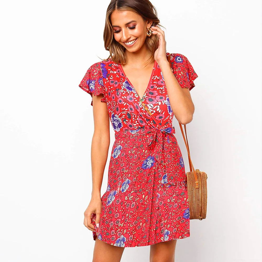 

Vestidos Verano 2020 Mujer V Neck Sundress Sexy Red Beach Floral Mini Dress Elegant Summer Women Vestido Casual Curto Clothes