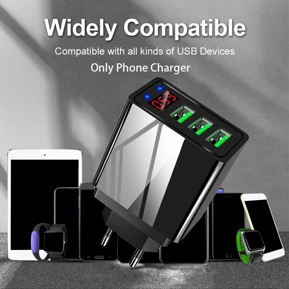 

3 USB Charger EU US UK Plug with LED Display Fast Wall Charger Adapter for iPhone Samsung Xiaomi Huawei Mobile Phone Charger