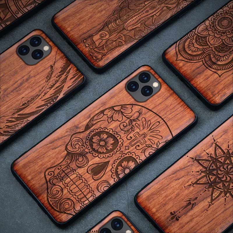 

Wood Carved Case For iPhone 11 Pro XS Max 7 XR 8 Plus Luxury 100% Natural Full Wooden Pattern Customization Mobile Back Covers