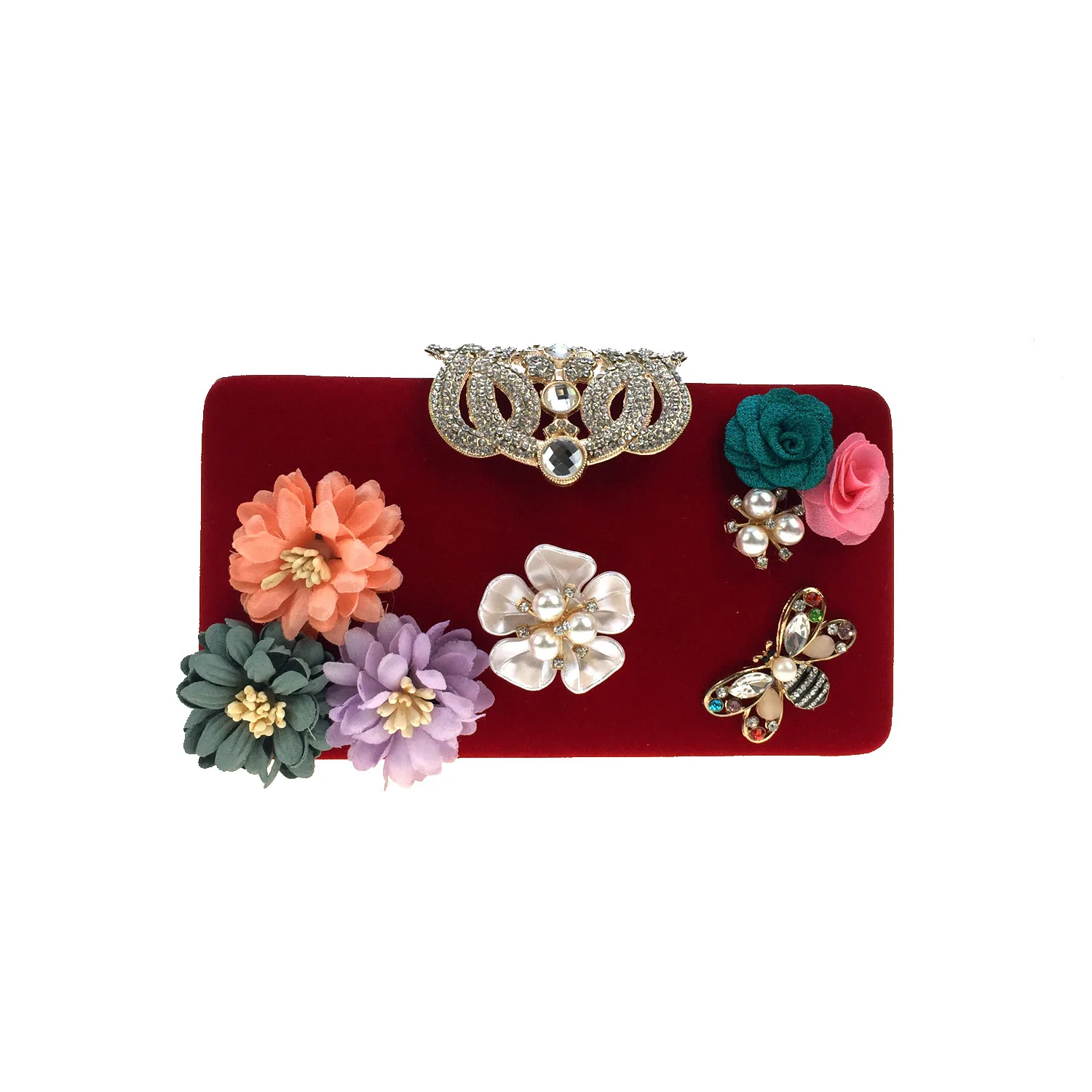 

New Style Stereo Silk Fabrics Flower Evening Bag Pearl Petals Crown Bees Diamond Set Velvet WOMEN'S Bag Wedding Handbag