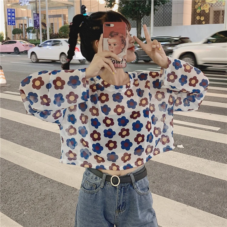 

summer Korean style Women's Clothing long sleeve Sun protection clothing flower print sweet t-shirts fashion brand crop tops new
