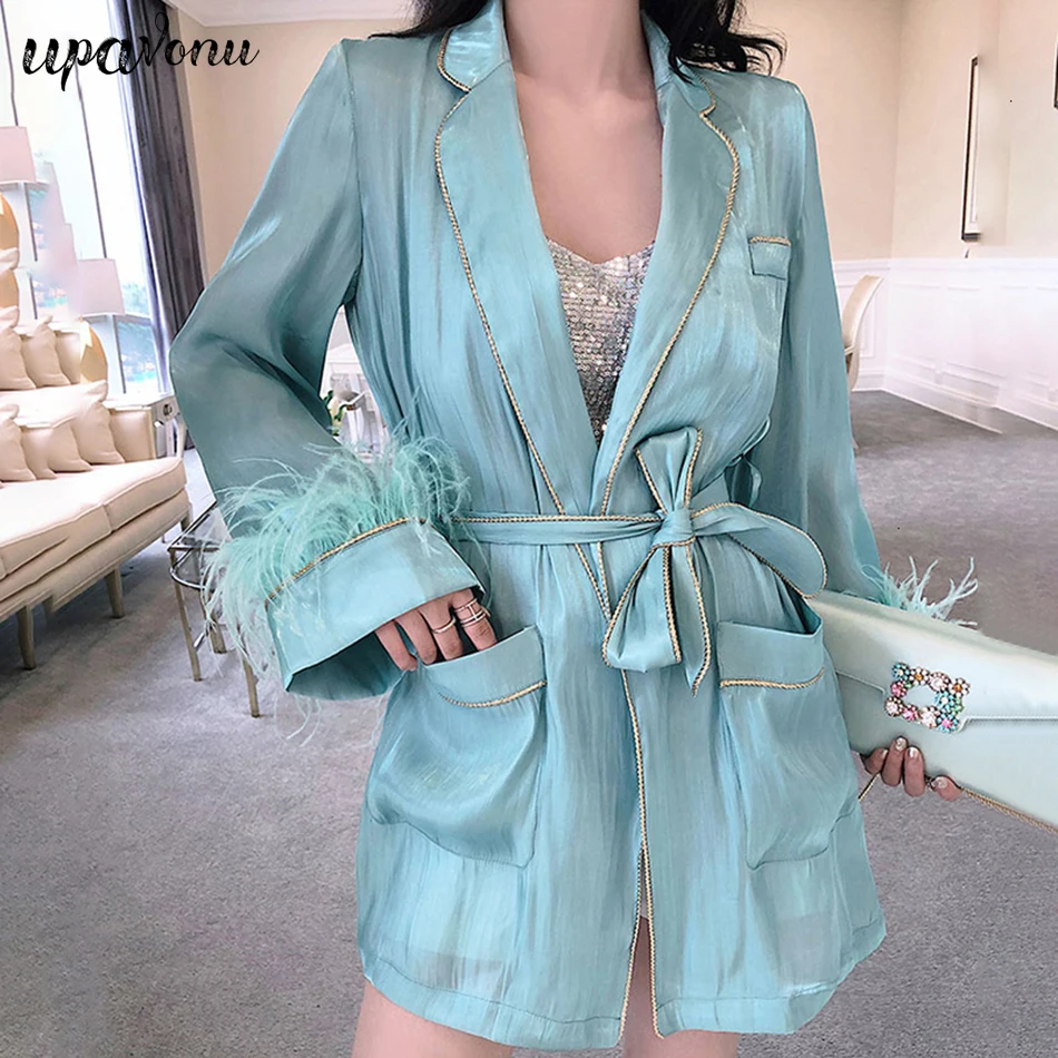 awesome Chic Bow Patchwork Feather Coat Female Long Sleeve Sexy V-Neck Slim Elegant Ladies Jacket Fashion A