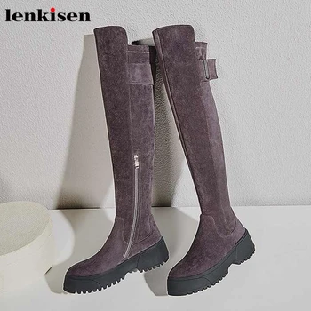 

Lenkisen fashion soft sheep suede buckle thick bottom waterproof round toe zipper winter keep warm women thigh high boots L05