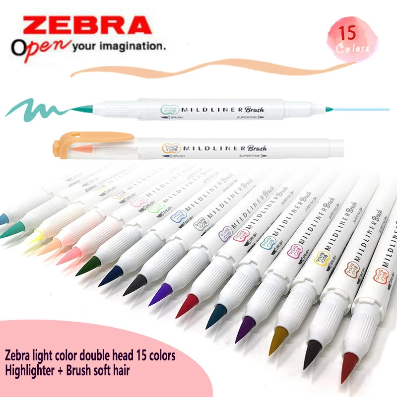 

15-Color Japanese Zebra highlighter student with WFT8 double-headed marker dual-use soft brush watercolor hand account