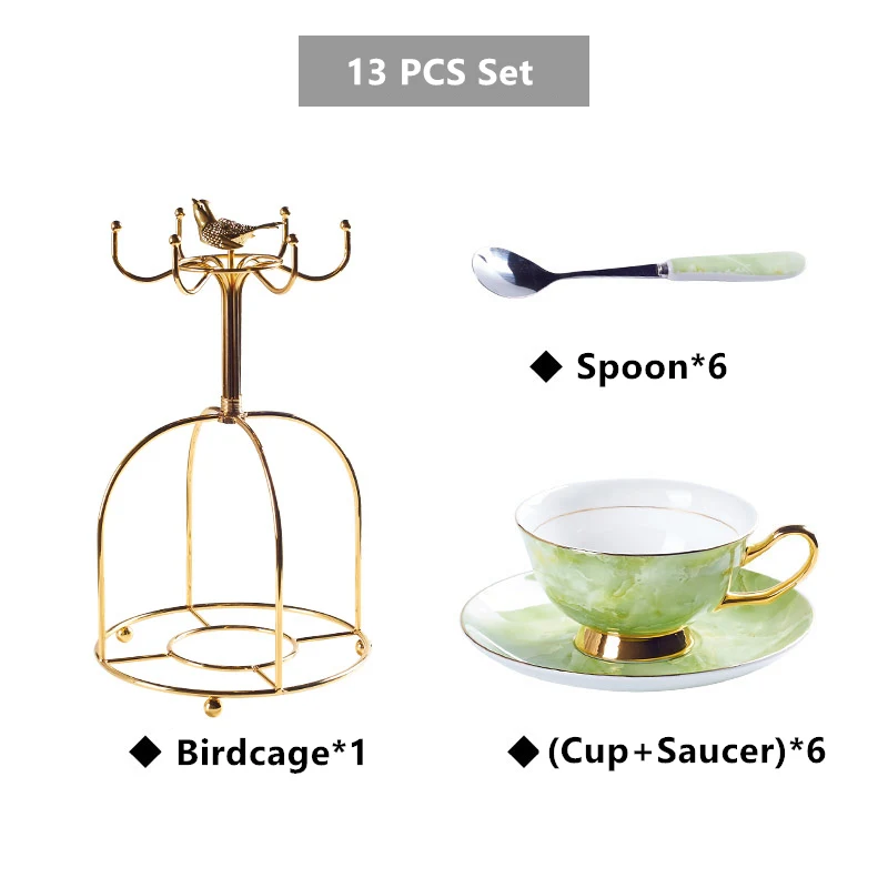 6Cups Birdcage Green Мраморная фарфоровая чайная чашка, блюдце, ложка, набор, 200 мл, кофейная чашка, мраморный фарфоровый чайный набор, керамическая чайная чашка, кофейная чашка эспрессо, Прямая поставка - Цвет: 6Cups Birdcage Green