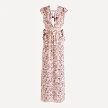 

Women Dress Ruffled Paisley Print Split Long Dress