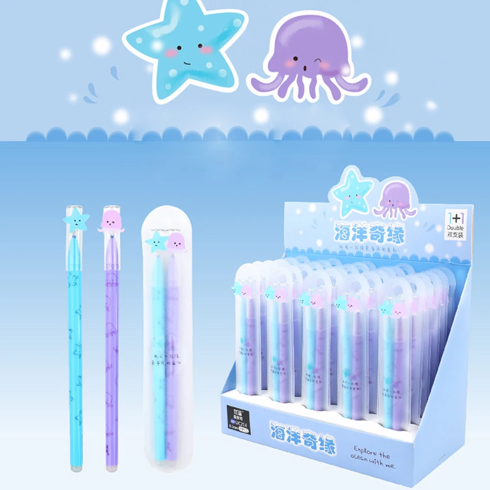 

2pcs Creative Cute Erasable Pen Kawaii Animal 0.5mm Blue Ink Writing Easy To Rub Pens Student School Office Stationery Supply