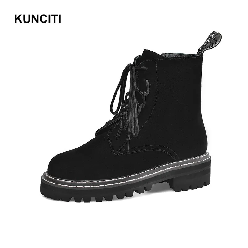 KUNCITI/; сезон весна-осень; Женские ботинки в байкерском стиле; ботинки из натуральной кожи на платформе; ботильоны на шнуровке; замшевая обувь на молнии; Новинка; D008