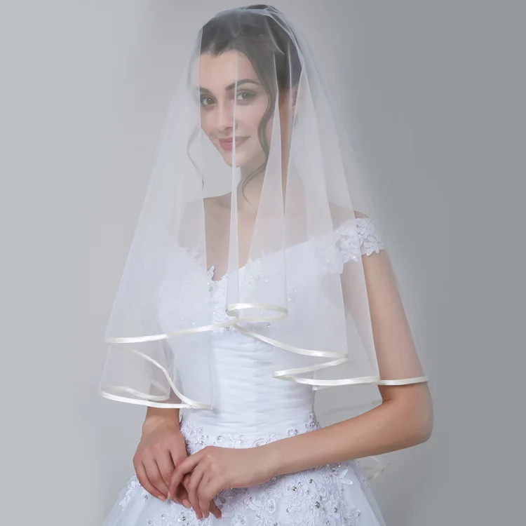 Wholesale 2 Layer Ribbon Edge Voile Mariage Comb White Ivory Wedding Short Veil Welon Bridal Accessories