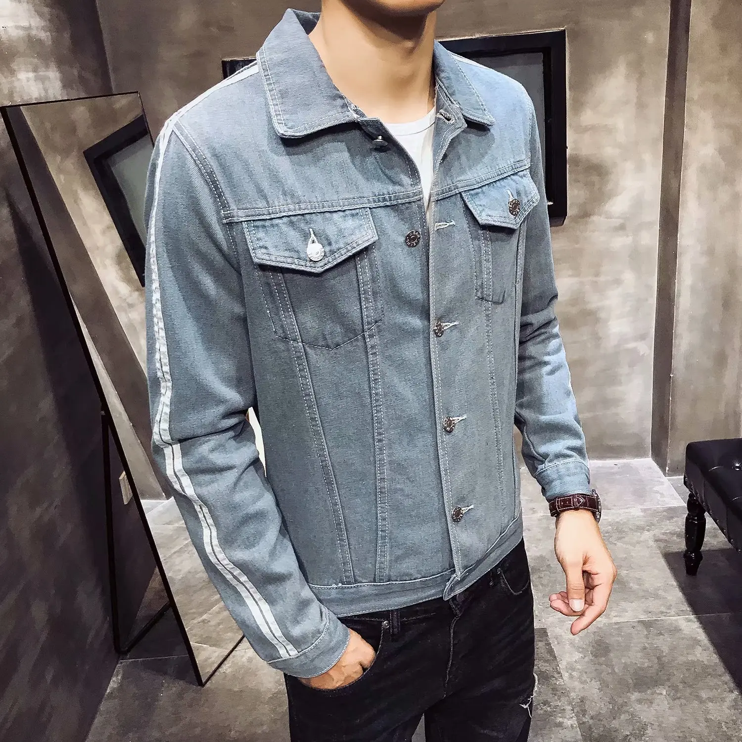 

Spring And Autumn Jeans Coat Teenager Korean-style Men's Slim Fit Denim Jacket Retro Pocket Stripes Rod Cowboy Outer Wear