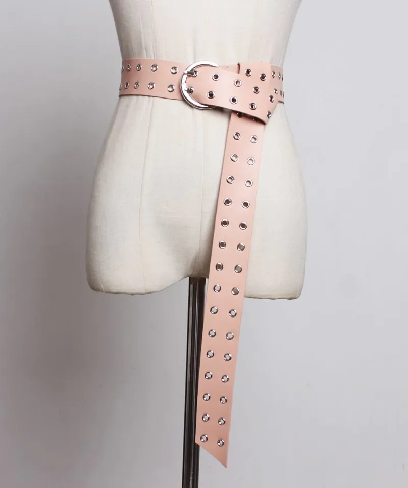 [YaLee] New Fashion Summer Autumn Metal Round Pin Buckle Eyelet Rivets PU Leather Long Girdle Wide Waist Belts Woman N240