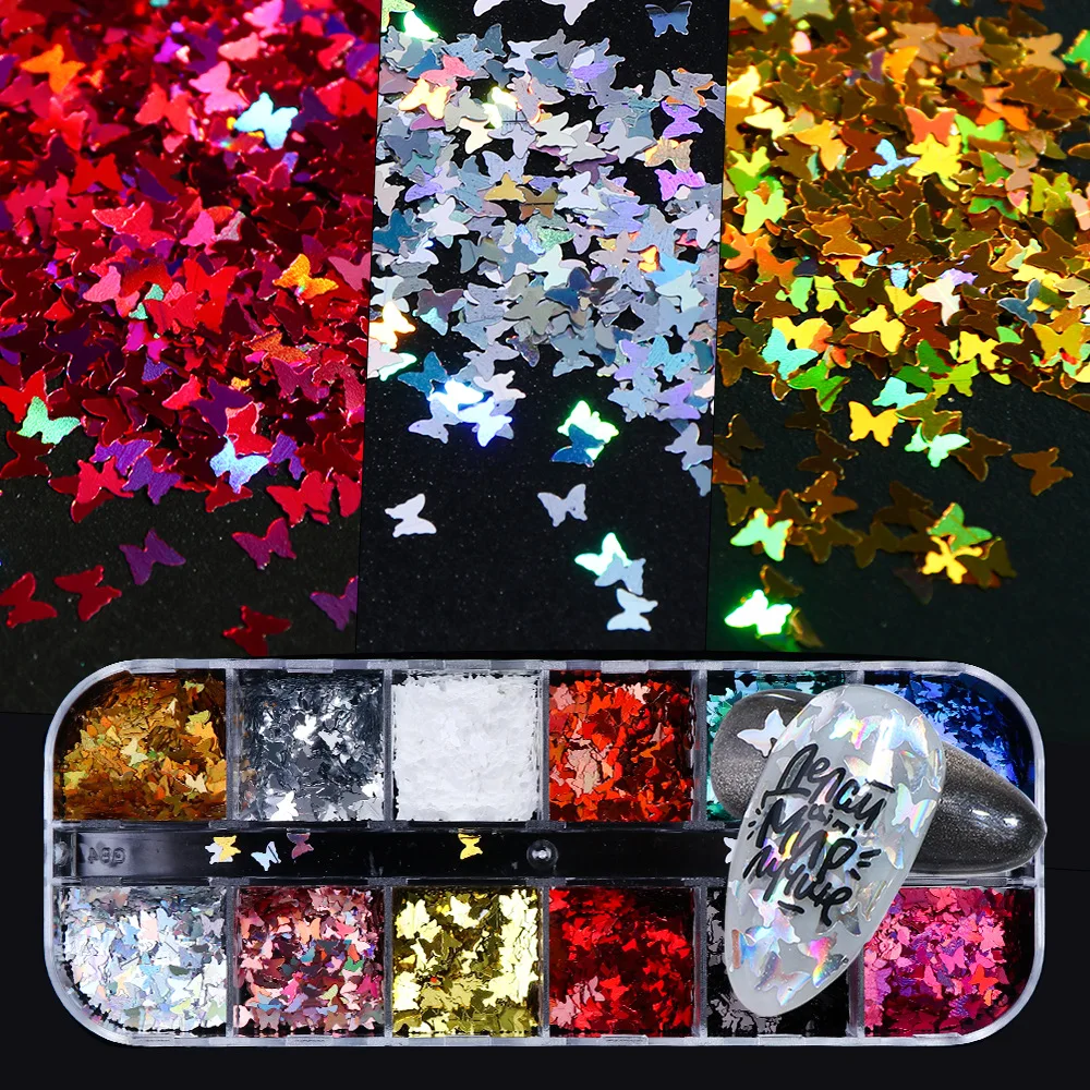 

NailSequins Mirror Sparkly Butterfly Nail Sequins Paillette Mixed Neon Holo Laser Nail Glitters 3D Flakes Slices Art Decorations