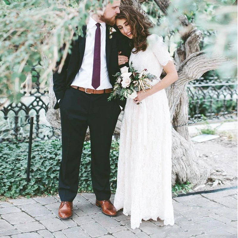

Dlass Lace Boho Wedding Dress Short Sleeve A Line Beach Bride Dress Custom Made Princess Wedding Gown Free Shipping 2019