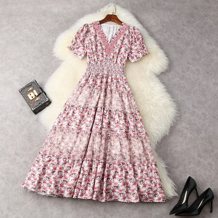 

European and American women's wear for summer 2021 Short sleeved beaded V-neck flower print Fashion dress